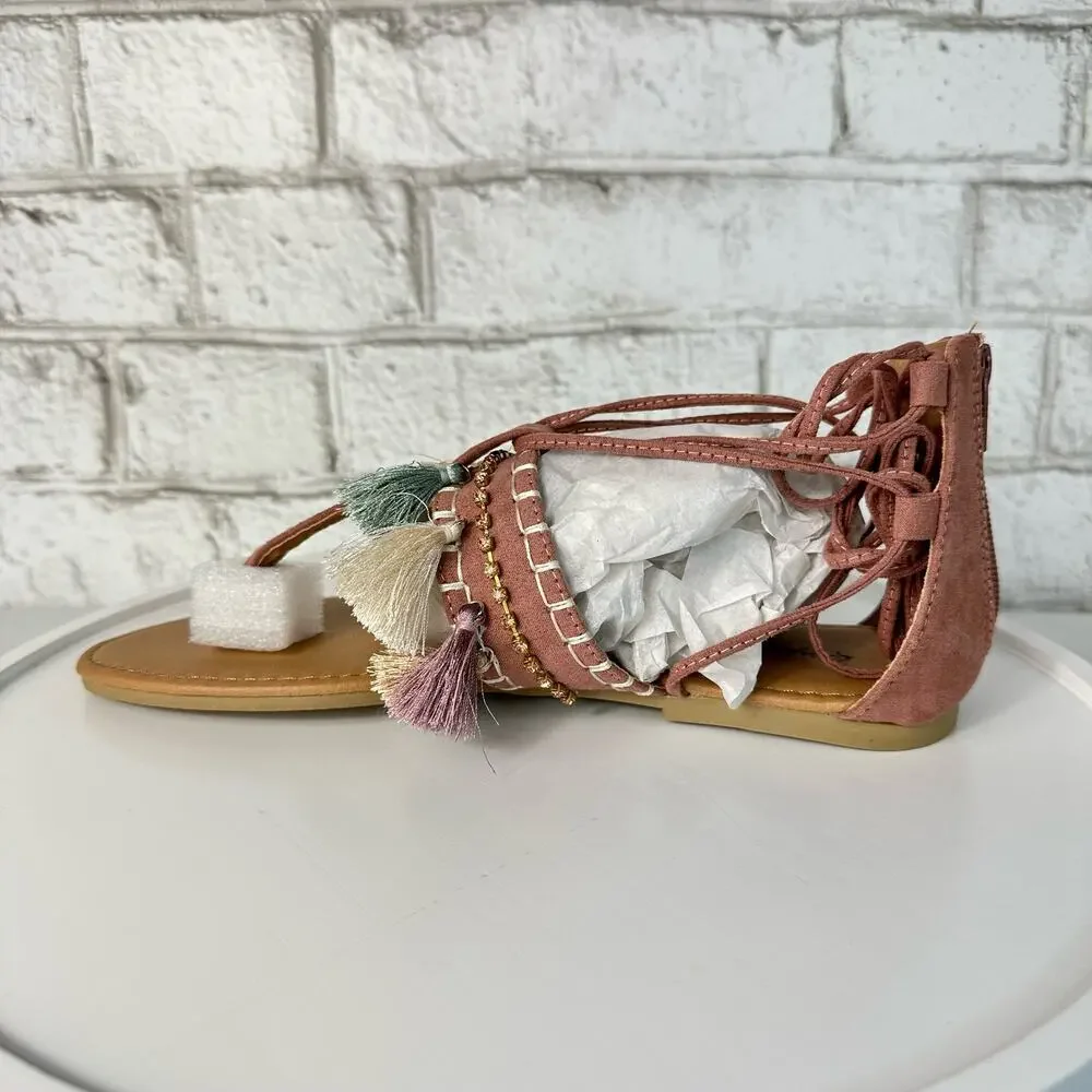 Qupid Archer Sandals Size 6 Boho Faux Leather Tassel Wrap Embroidered Pink